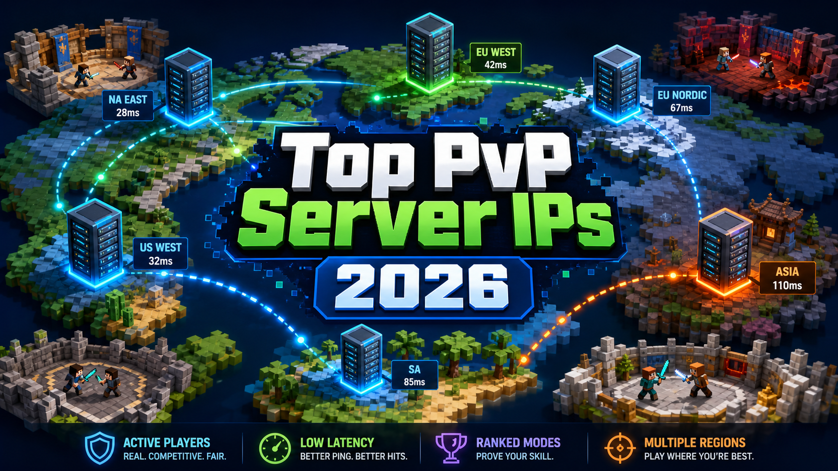 Top PvP Server IPs for Minecraft 2026 cover showing competitive server regions and low latency routing
