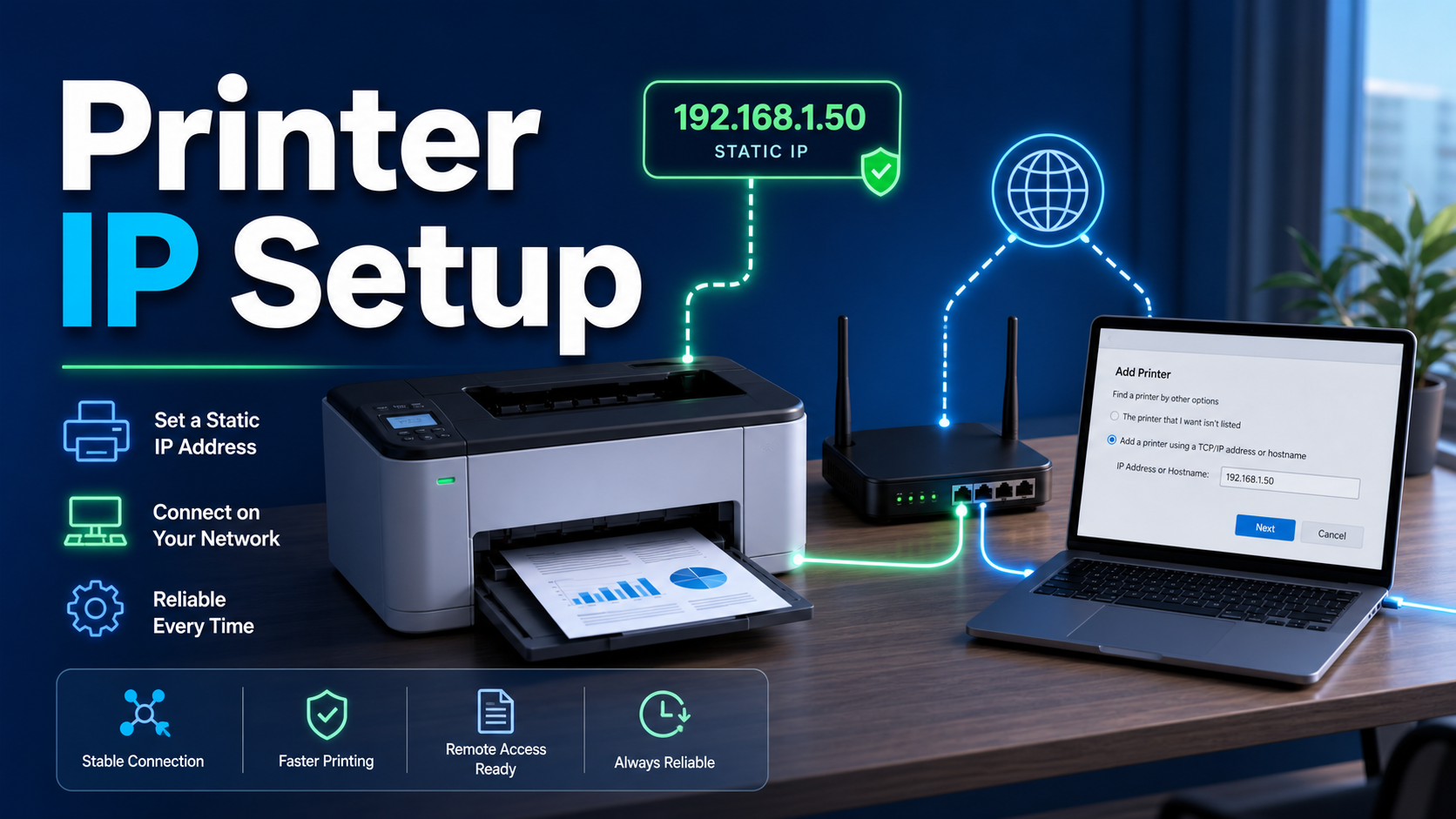 Printer IP setup cover showing a Windows 11 laptop connected to a network printer using a static IP address
