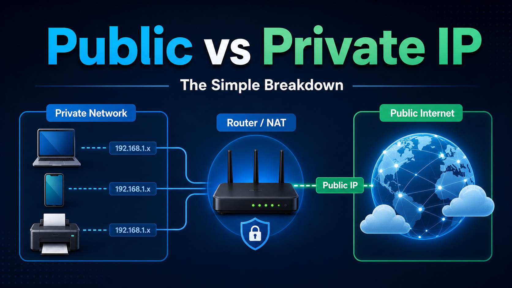 Public vs private IP address diagram showing private network devices behind a router and one public IP facing the internet