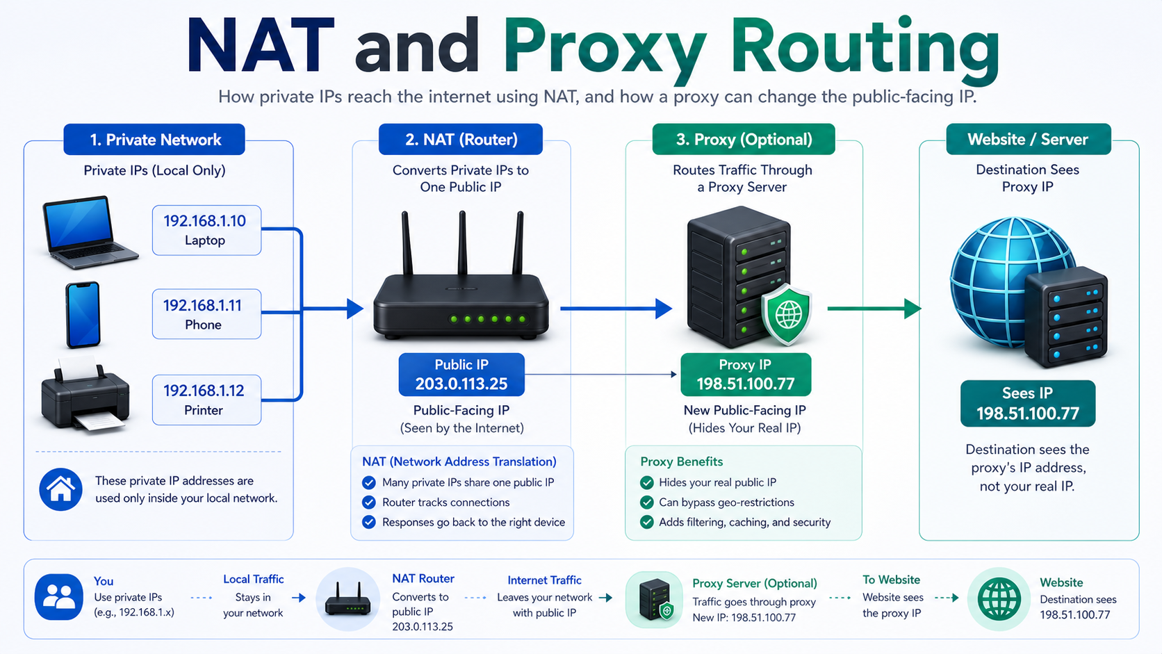 NAT and proxy routing diagram showing private IPs translated through a router and optionally routed through a proxy IP before reaching a website