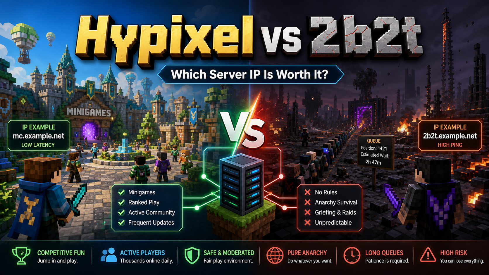 Hypixel vs 2b2t cover comparing a structured Minecraft minigame server with a chaotic anarchy survival server