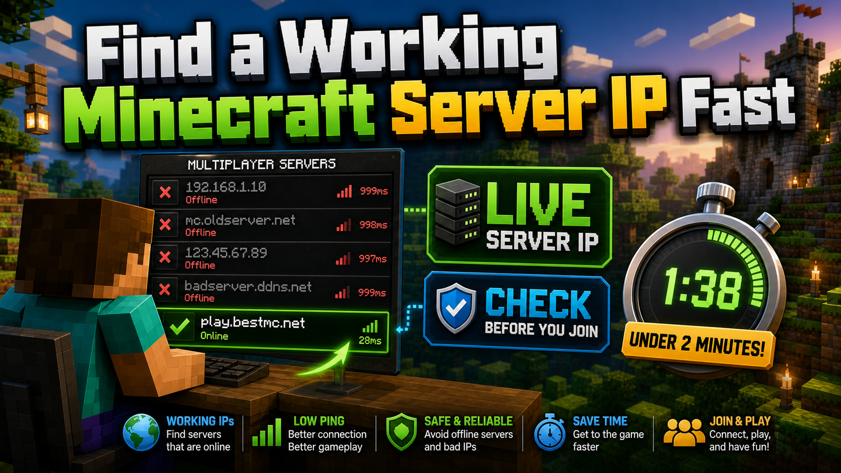 Find a working Minecraft server IP fast cover showing dead offline IPs, one live server IP, green status signal, and under two minute stopwatch
