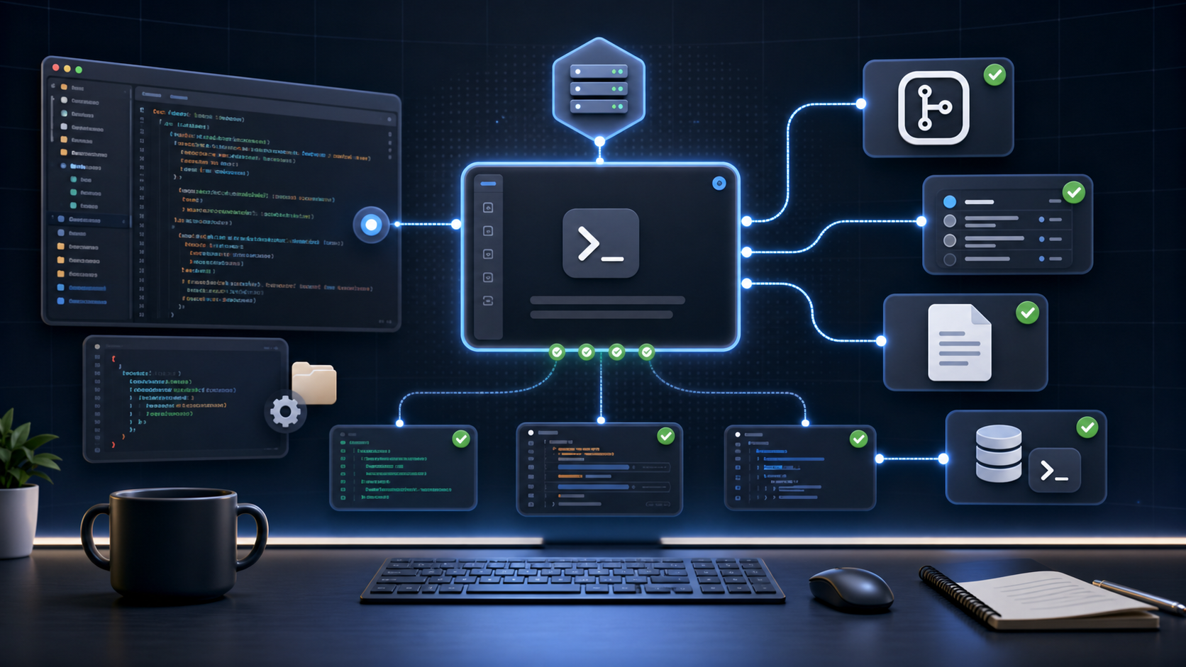Claude Code MCP setup cover showing a coding assistant connected to GitHub, Linear, documentation, and API tools through MCP servers