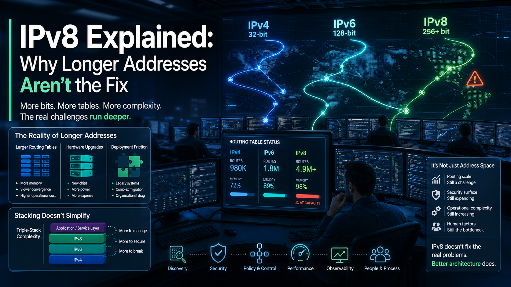 IPv8 article cover showing IPv4, IPv6, and hypothetical IPv8 paths with routing complexity warnings