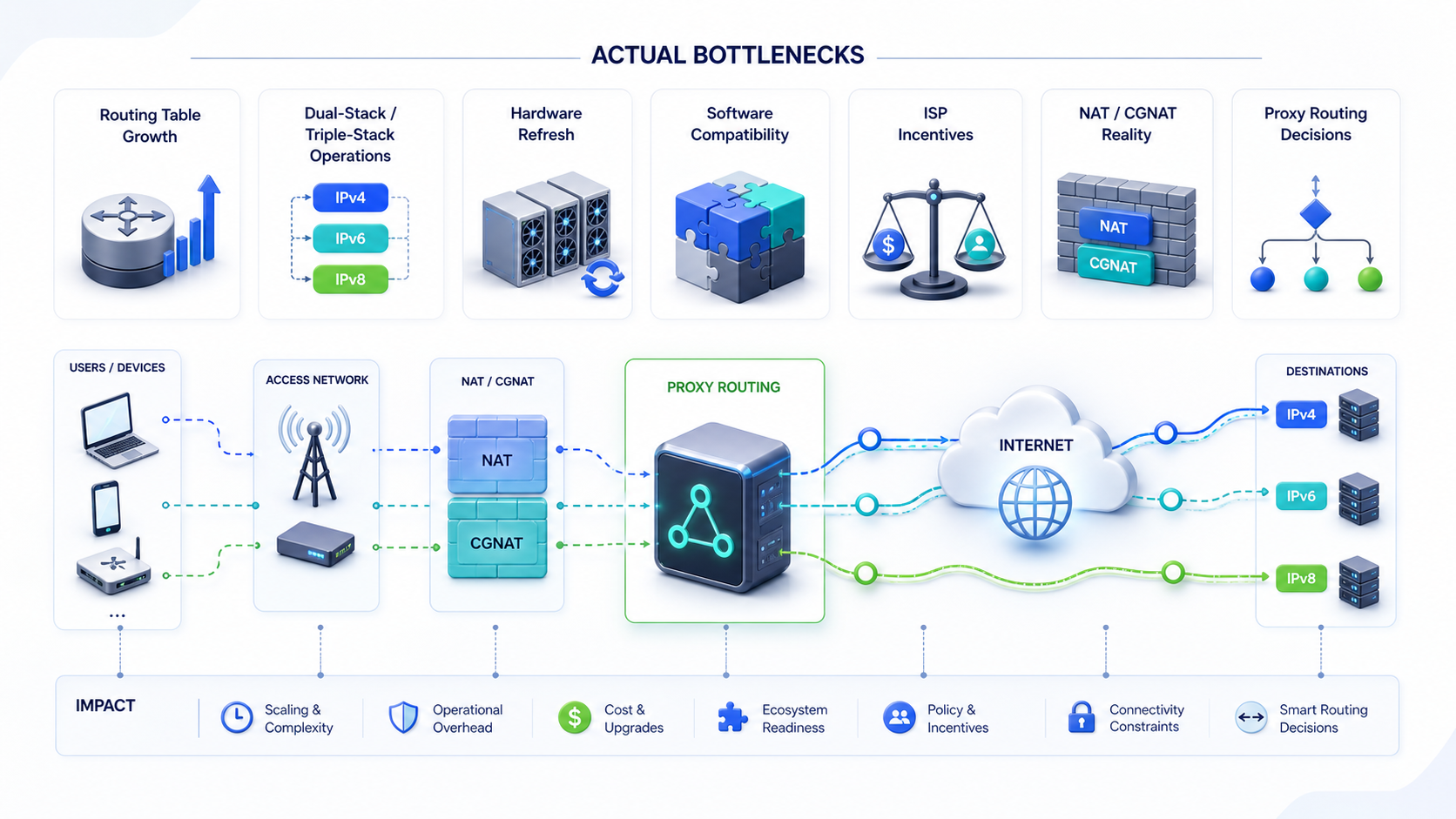 Diagram showing IPv8 deployment bottlenecks including routing tables, dual-stack operations, NAT, CGNAT, and proxy routing decisions