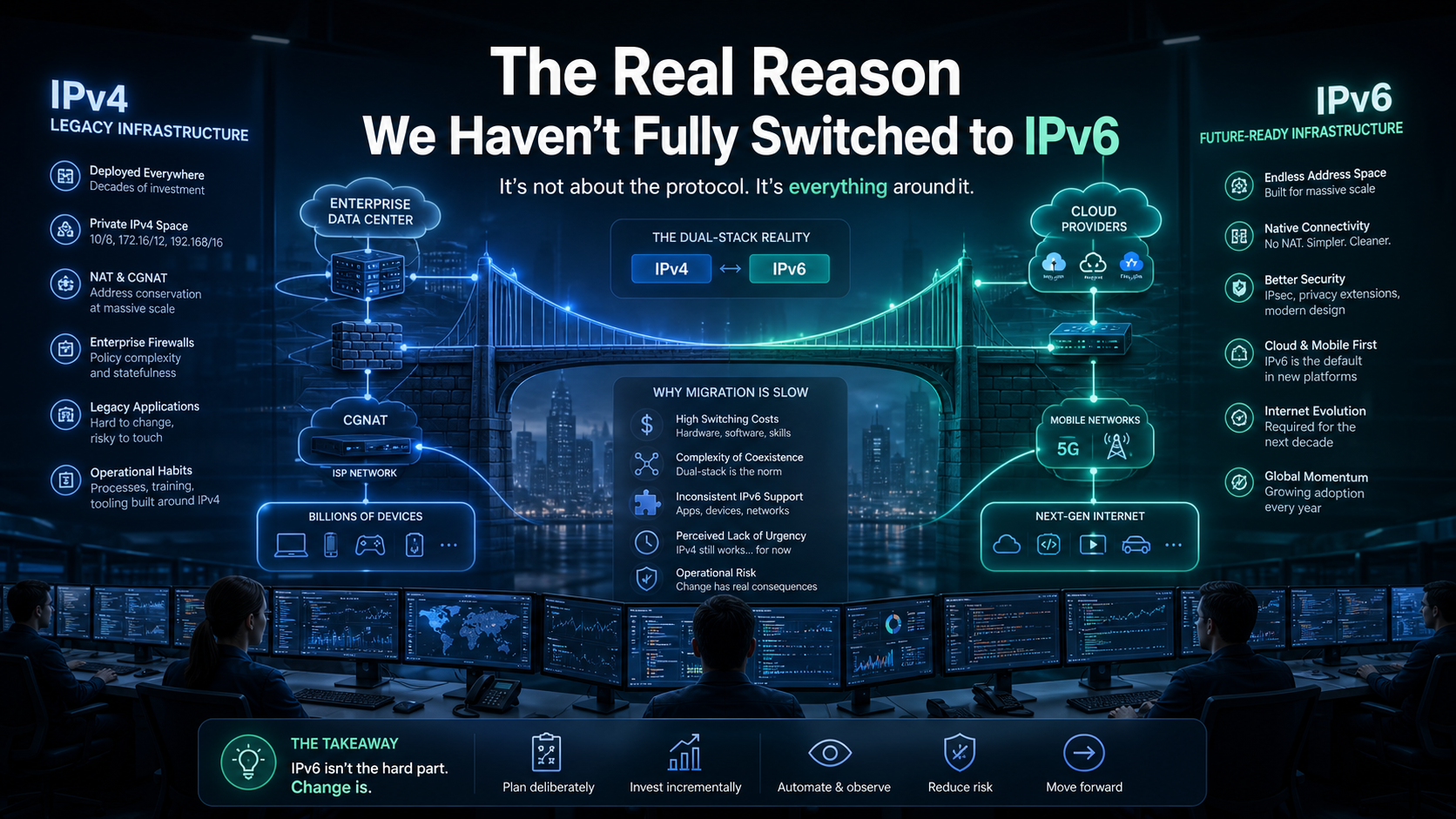 IPv6 migration cover showing legacy IPv4 infrastructure connected to future IPv6 systems through a dual-stack bridge