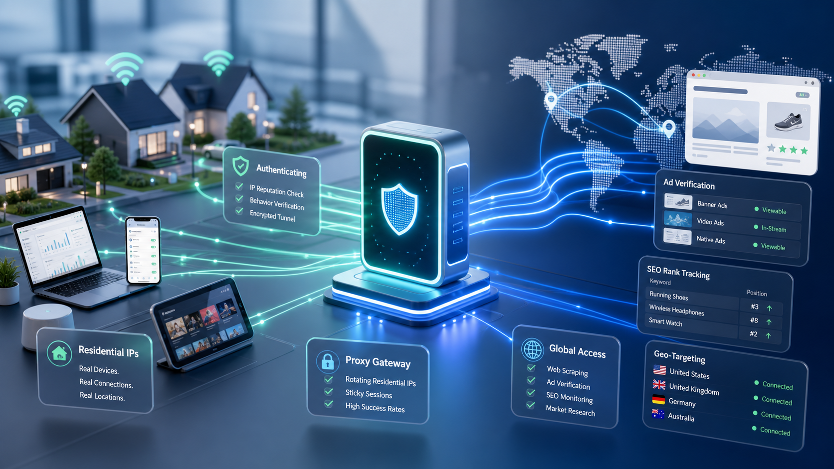 Residential proxy cover showing household devices routing authenticated traffic through a proxy gateway to global websites