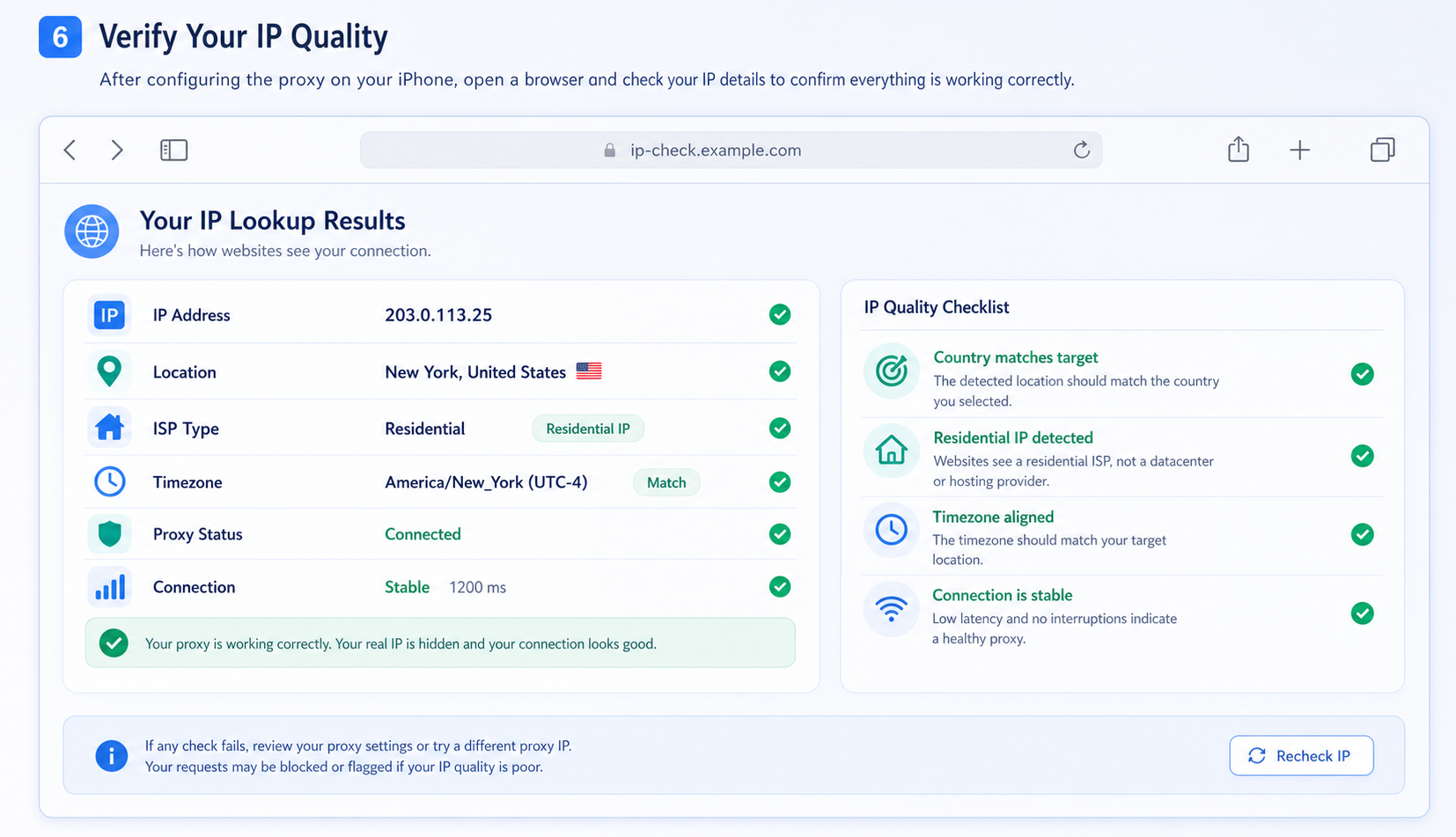 English IP quality lookup checklist showing residential IP status location timezone and stable connection