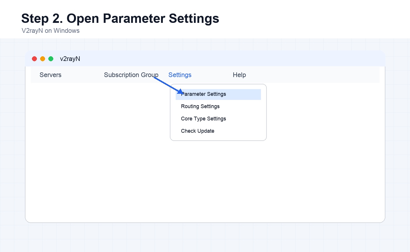 V2rayN settings menu for opening parameter settings on PC