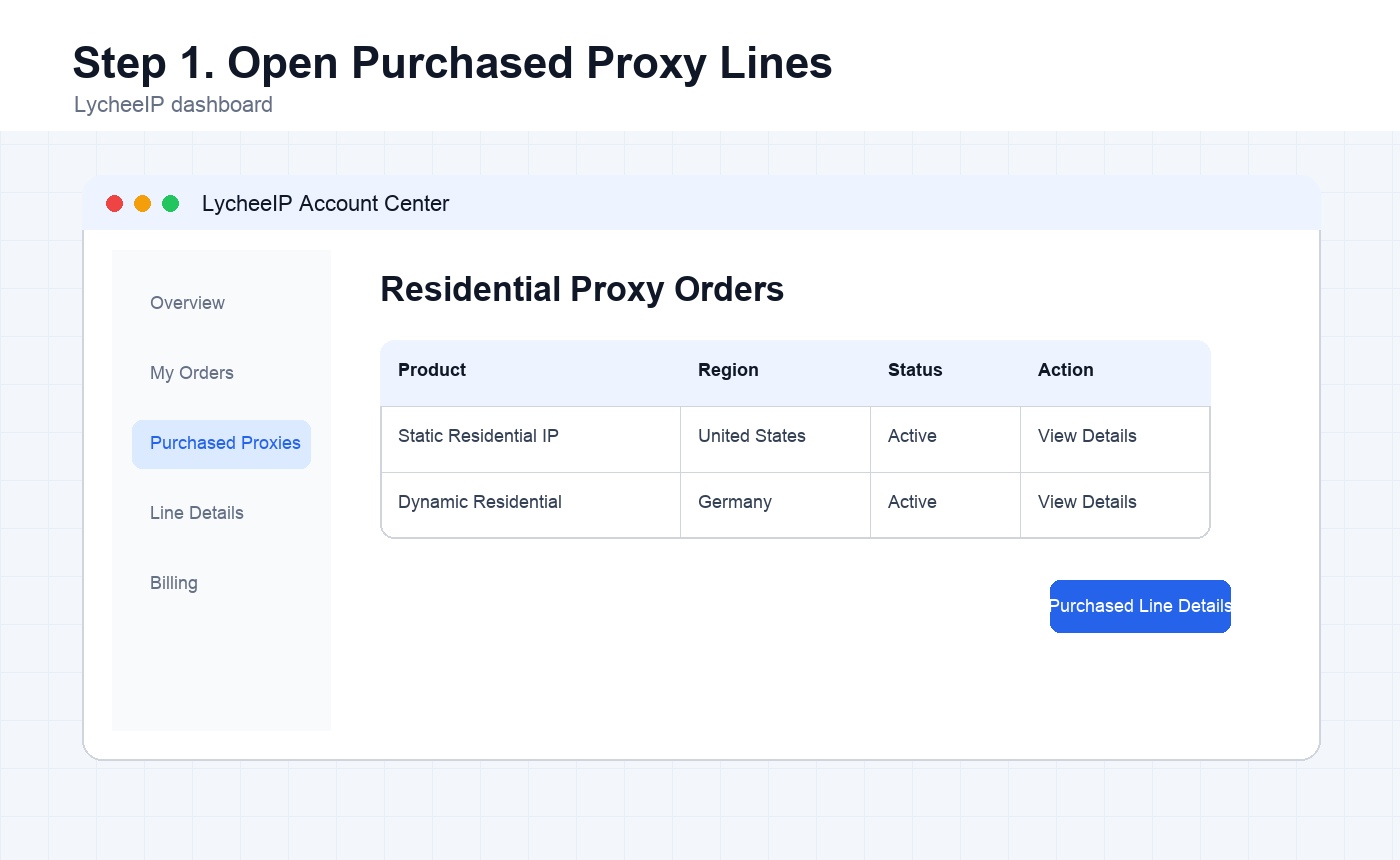 LycheeIP dashboard showing purchased residential proxy line entry