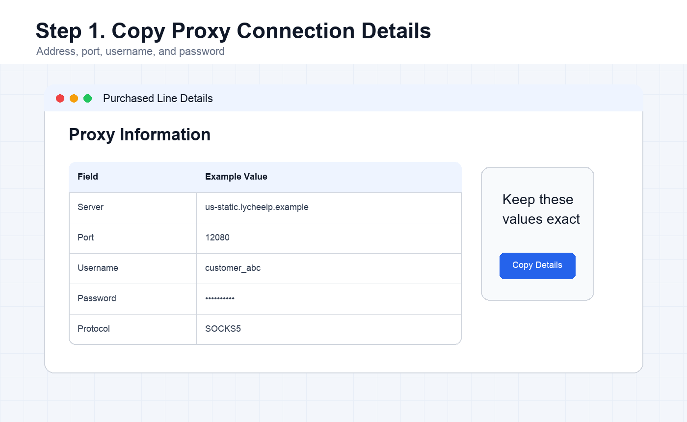 LycheeIP purchased line details showing proxy connection information
