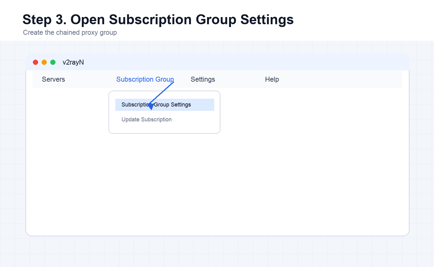 V2rayN subscription group settings menu on PC