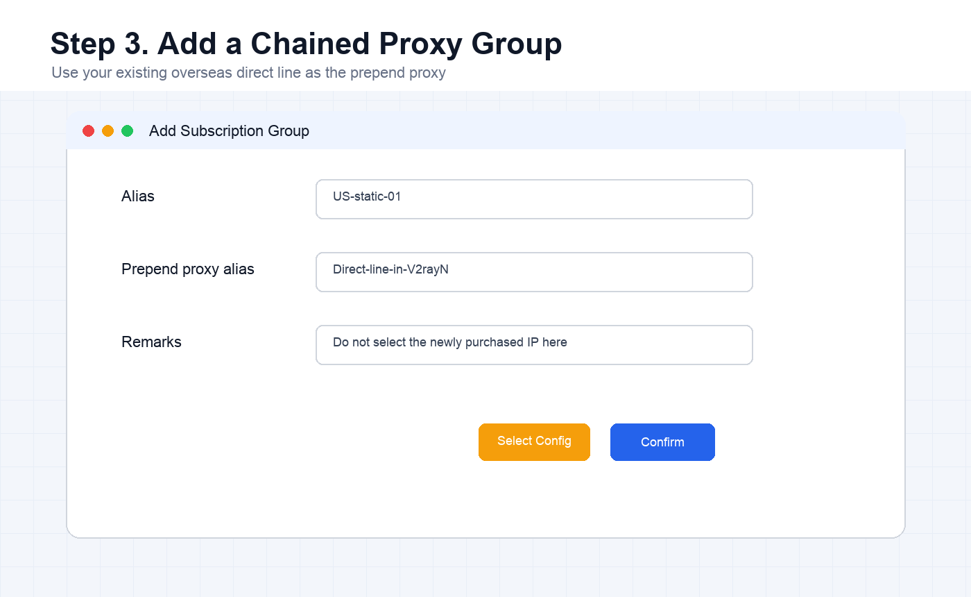 V2rayN add subscription group screen with prepend proxy configuration alias