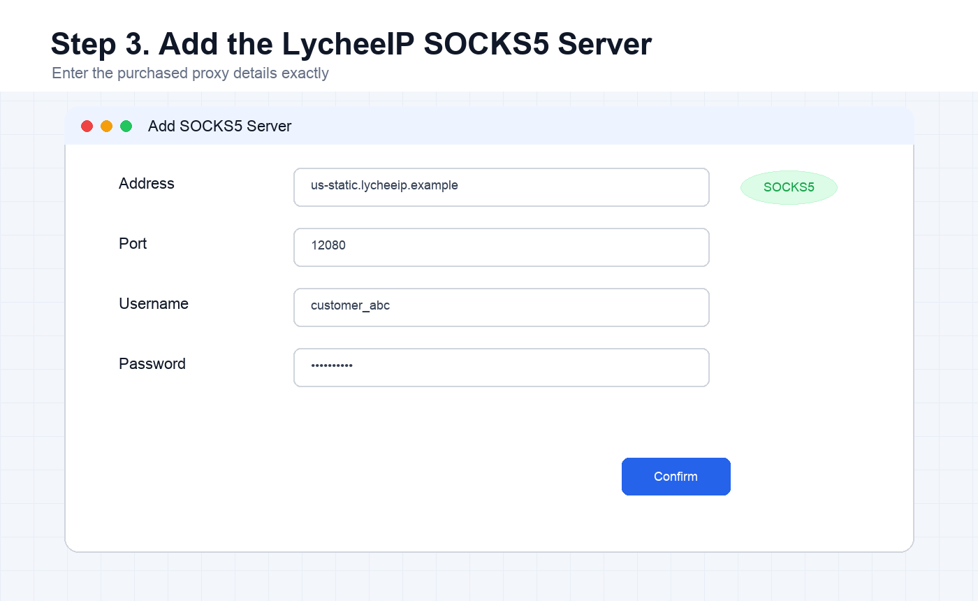 V2rayN add SOCKS5 server screen for LycheeIP proxy details