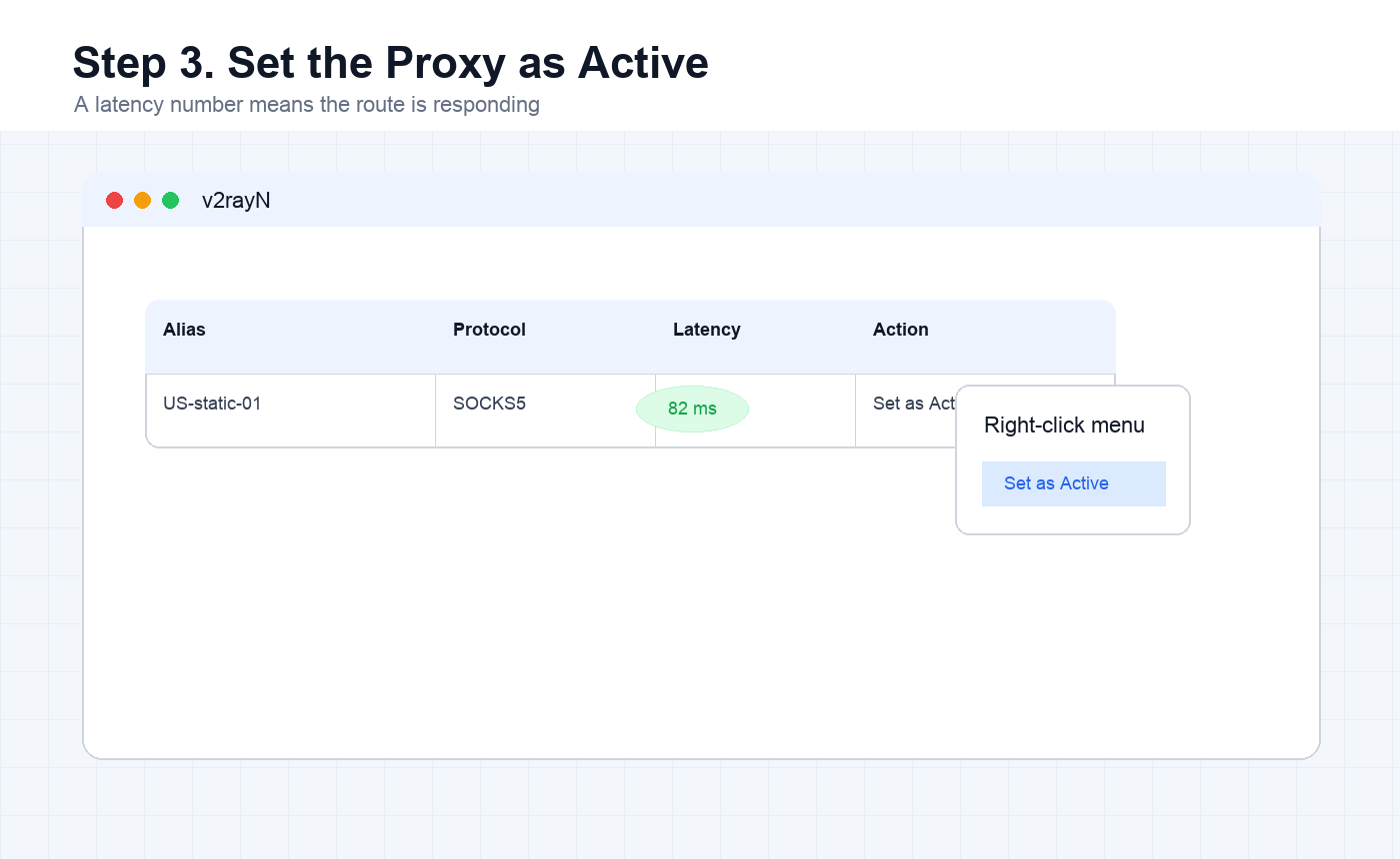 V2rayN active proxy selection with latency result visible