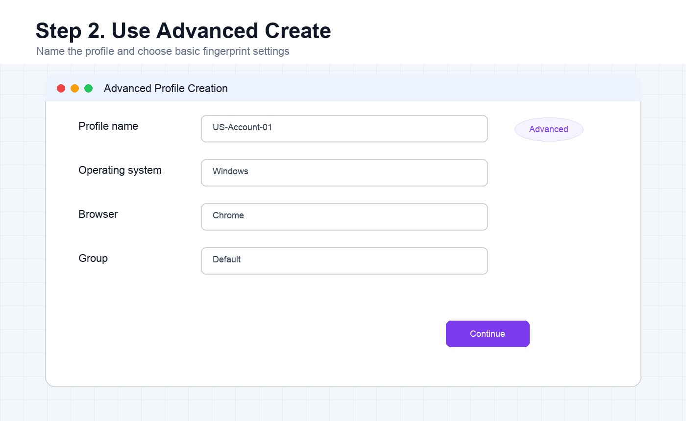 English MoreLogin advanced profile creation screen with profile name operating system browser and group
