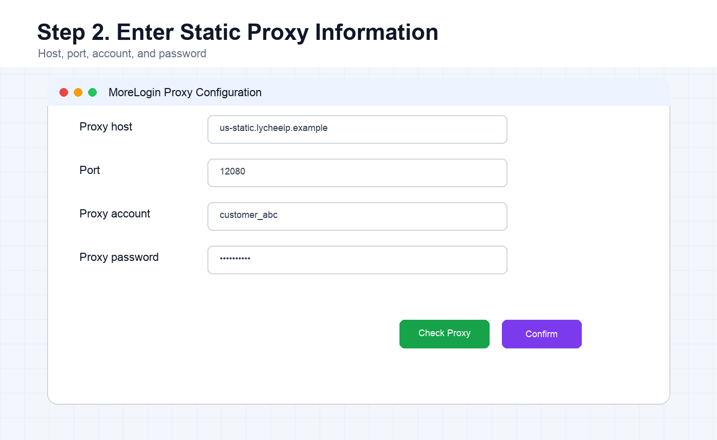 English MoreLogin proxy configuration screen with static LycheeIP proxy host port account and password fields
