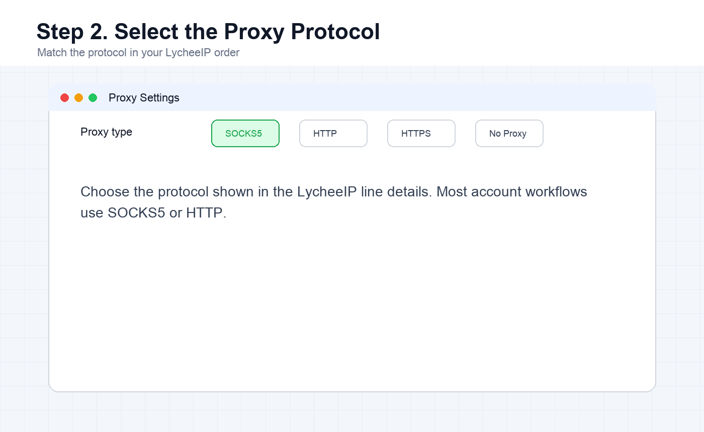 English MoreLogin proxy settings screen for choosing SOCKS5 HTTP or HTTPS protocol