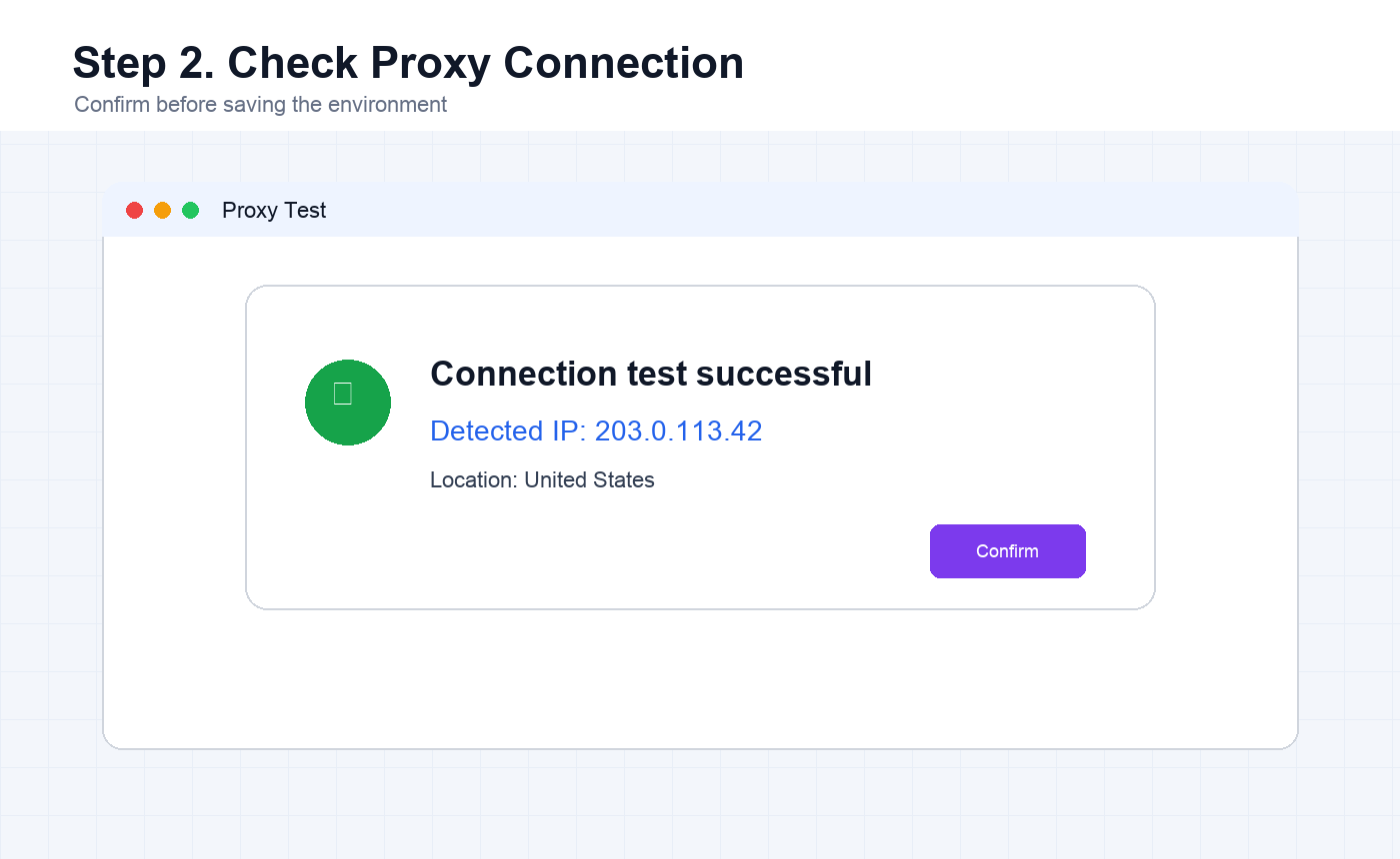 English MoreLogin proxy connection test successful message with detected IP and location