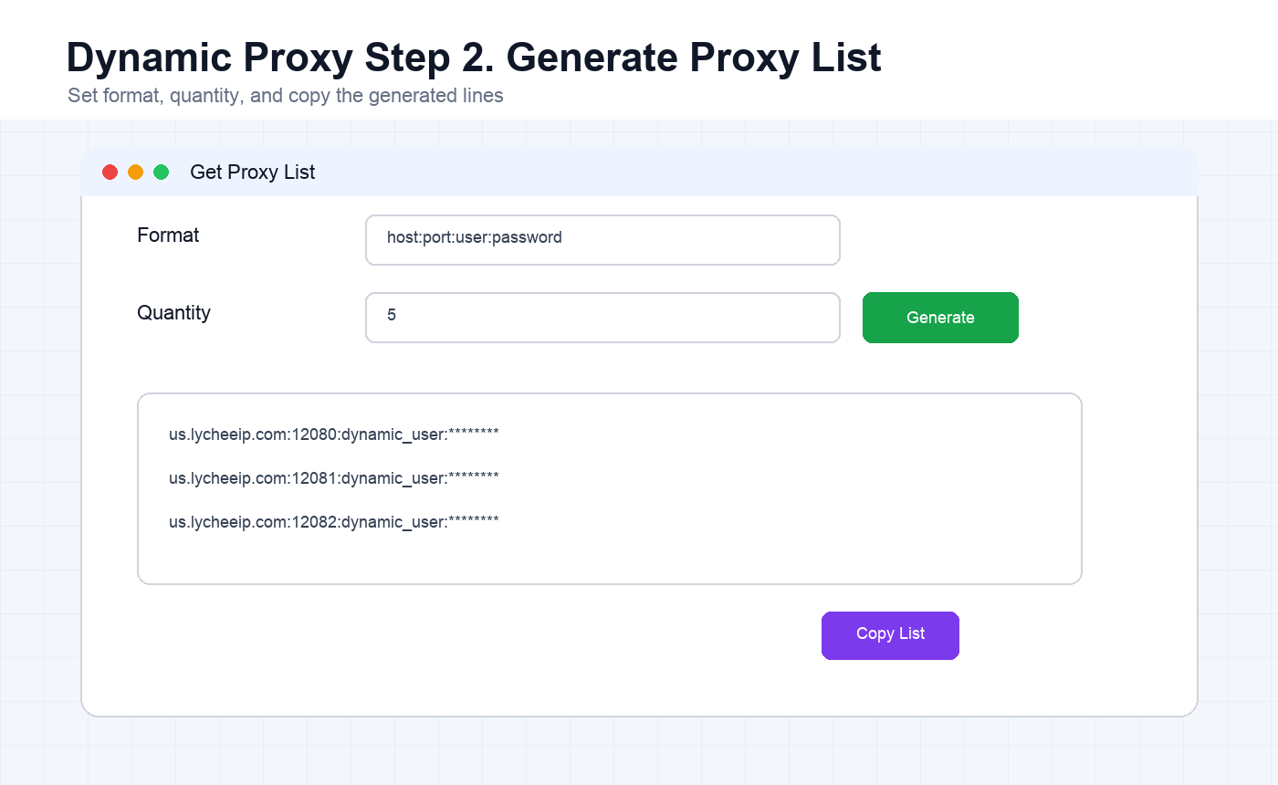English LycheeIP dynamic residential proxy list generator with format quantity and generated proxy lines