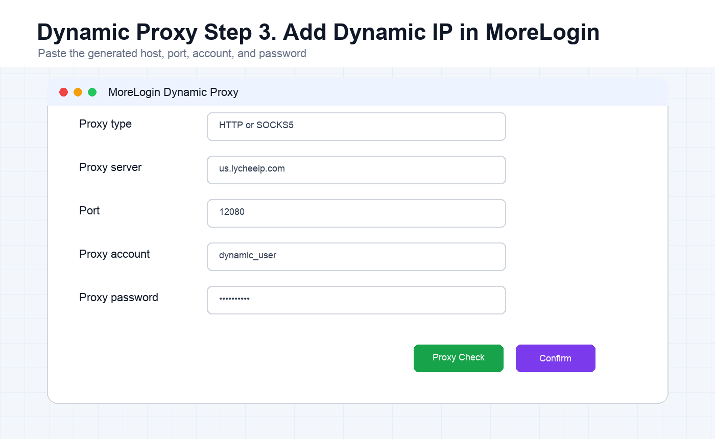 English MoreLogin dynamic proxy configuration screen with proxy server port account password and proxy check