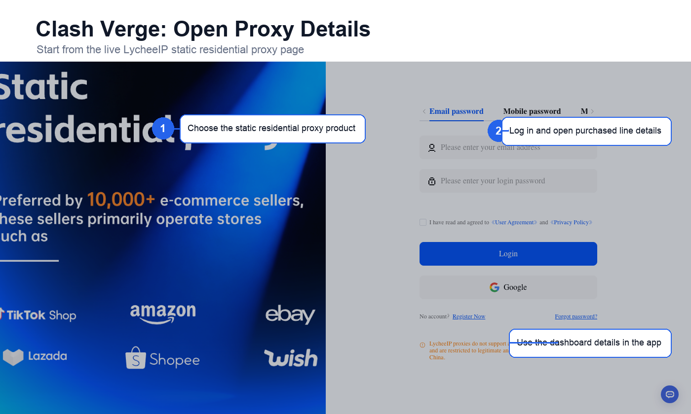 English LycheeIP dashboard showing purchased proxy line details entry