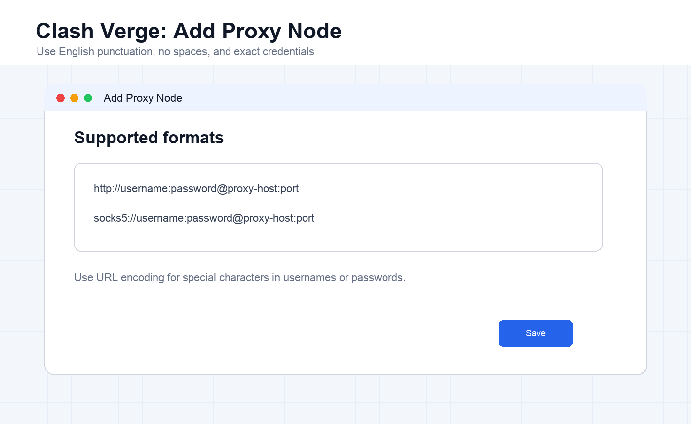 English Clash Verge add proxy node screen showing HTTP and SOCKS5 formats