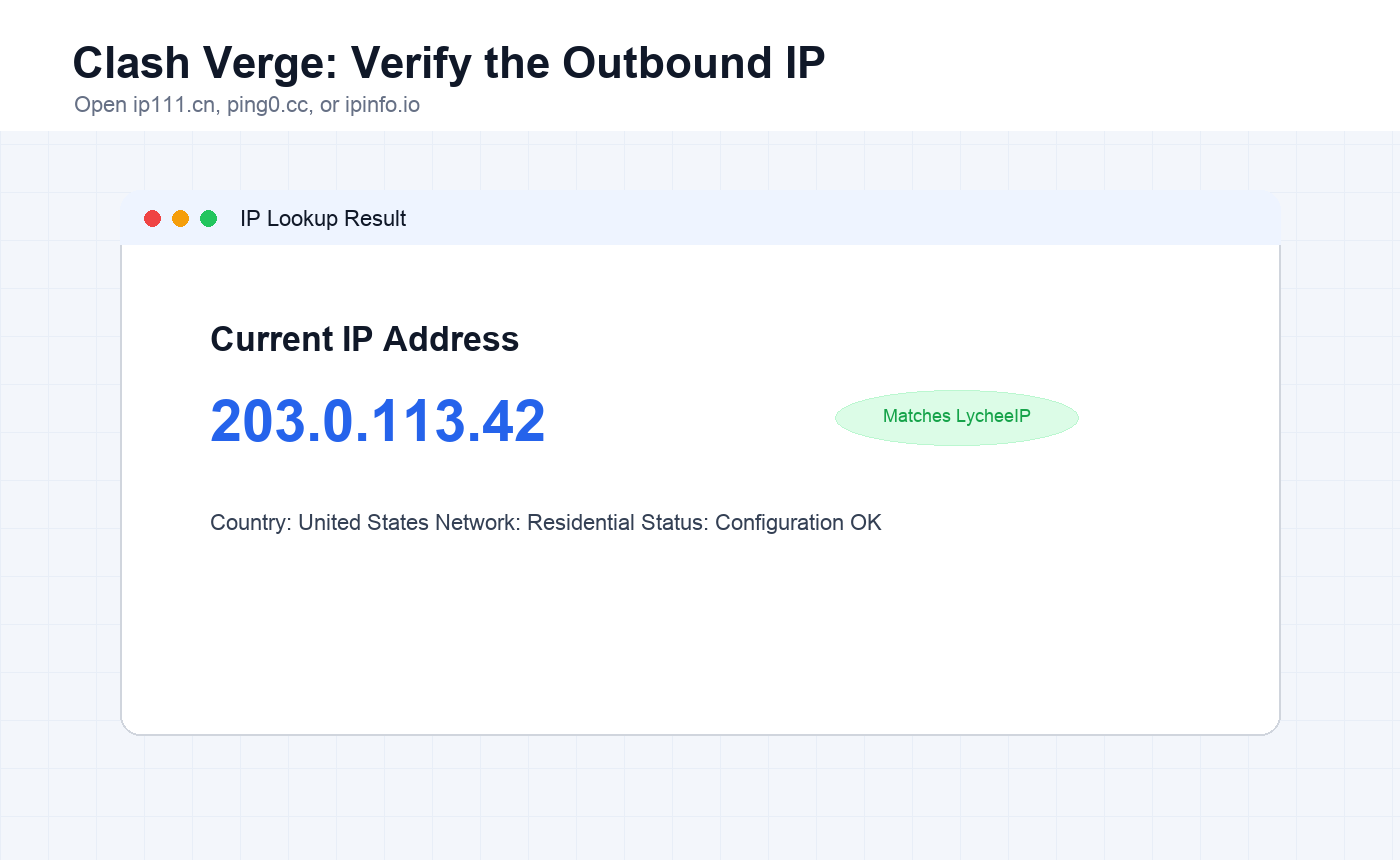 English IP lookup result confirming Clash Verge is using the LycheeIP proxy IP