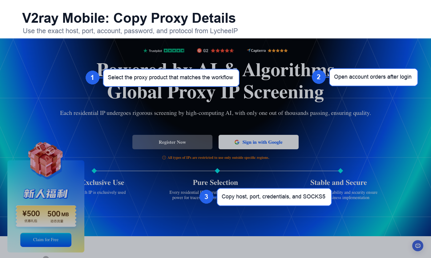 English LycheeIP SOCKS5 proxy details for V2ray mobile app