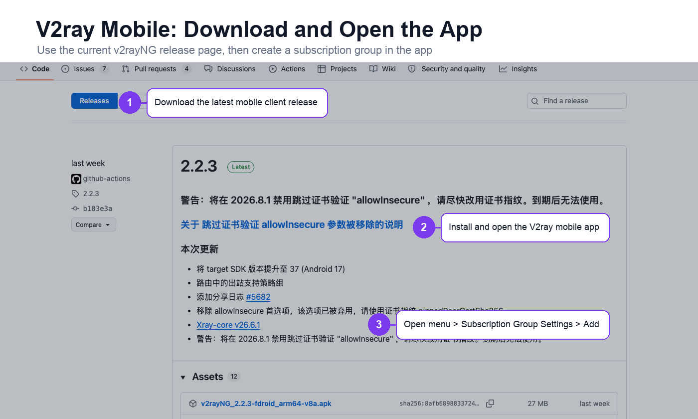 English V2ray mobile app subscription group settings with add group action