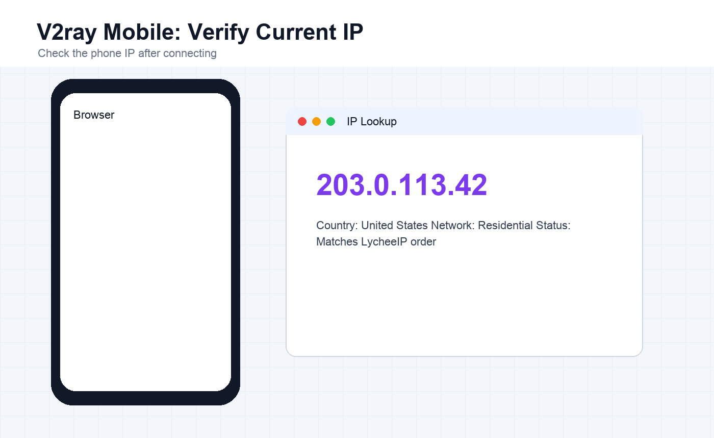 English mobile IP lookup result confirming the phone is using the LycheeIP proxy IP