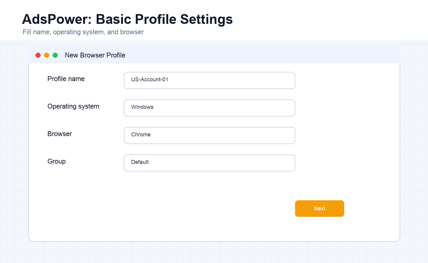 English AdsPower basic profile settings with name operating system browser and group