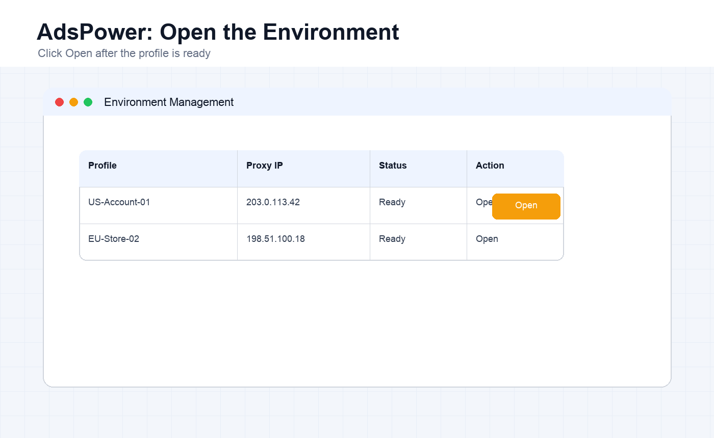 English AdsPower environment management screen with Open action