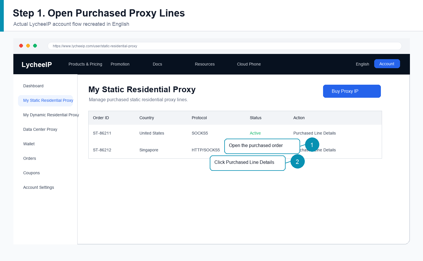 English LycheeIP static proxy page showing where to open purchased line details