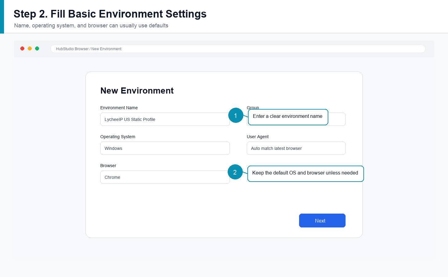 English HubStudio environment settings with name operating system and browser fields