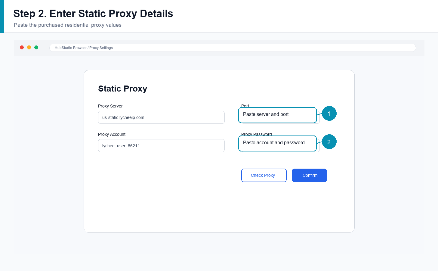 English HubStudio static proxy fields with server port account and password