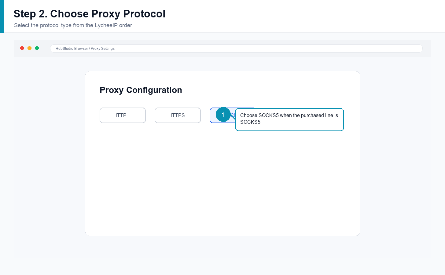English HubStudio proxy protocol selection with SOCKS5 highlighted