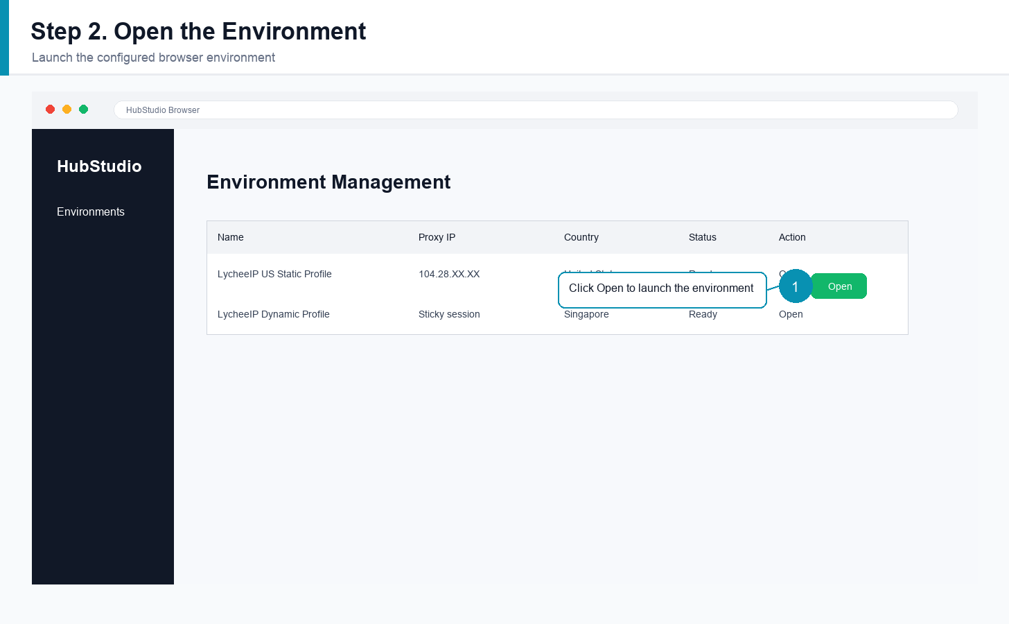 English HubStudio environment management screen with open action