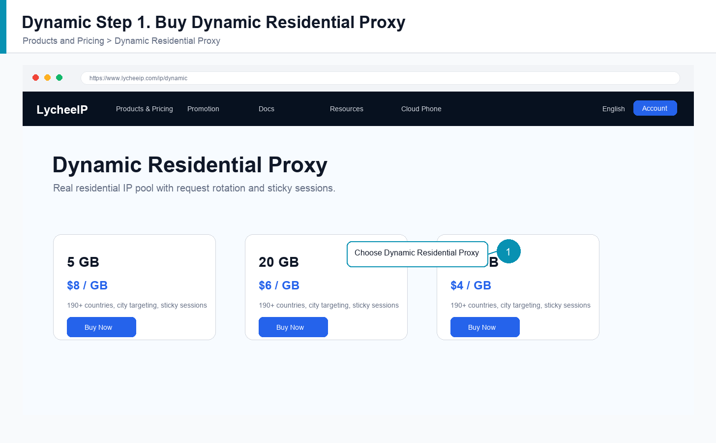 English LycheeIP dynamic residential proxy plan page for HubStudio setup