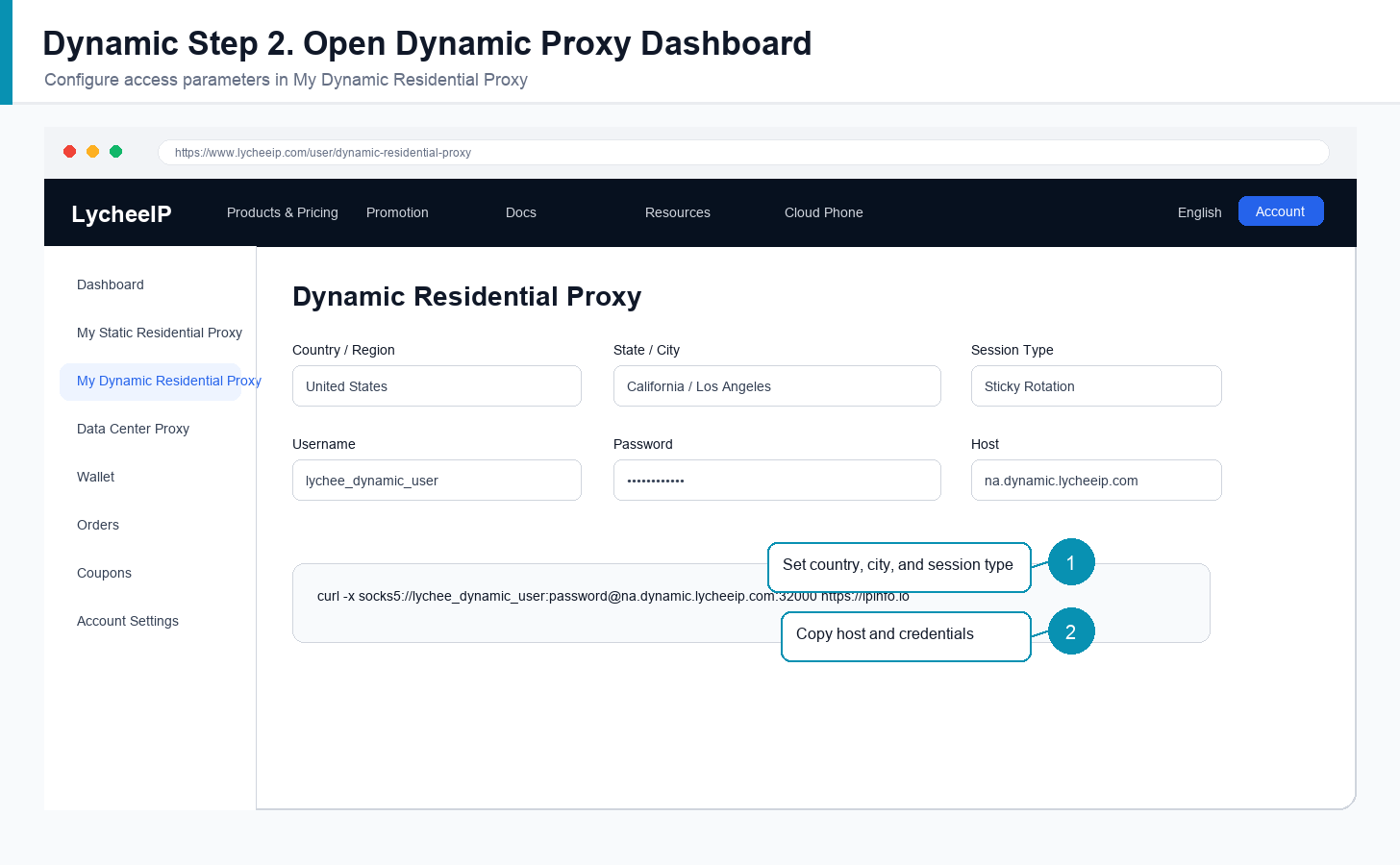 English LycheeIP dynamic residential proxy parameters for country session host and credentials