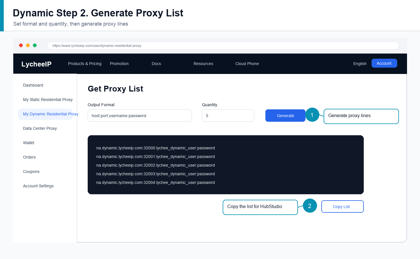 English LycheeIP dynamic proxy list generator with copy action