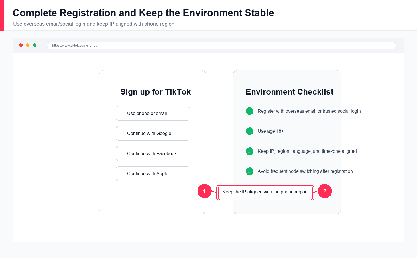 English TikTok sign-up screen with overseas email and social login recommendations