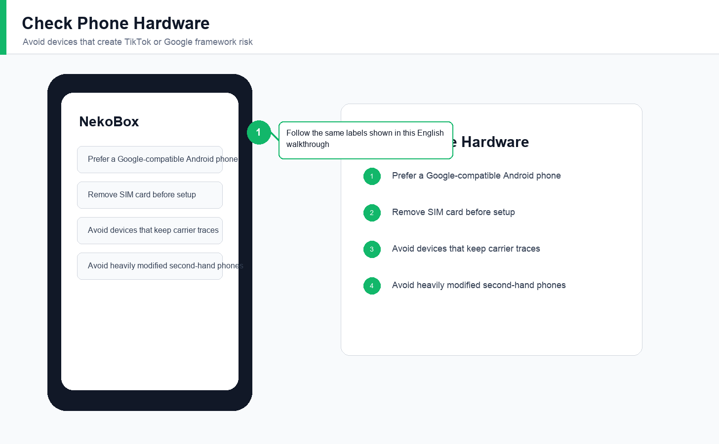 English Android phone hardware checklist for TikTok and proxy setup