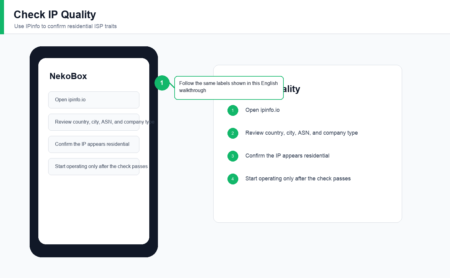English IPinfo quality check screen for Android LycheeIP proxy setup