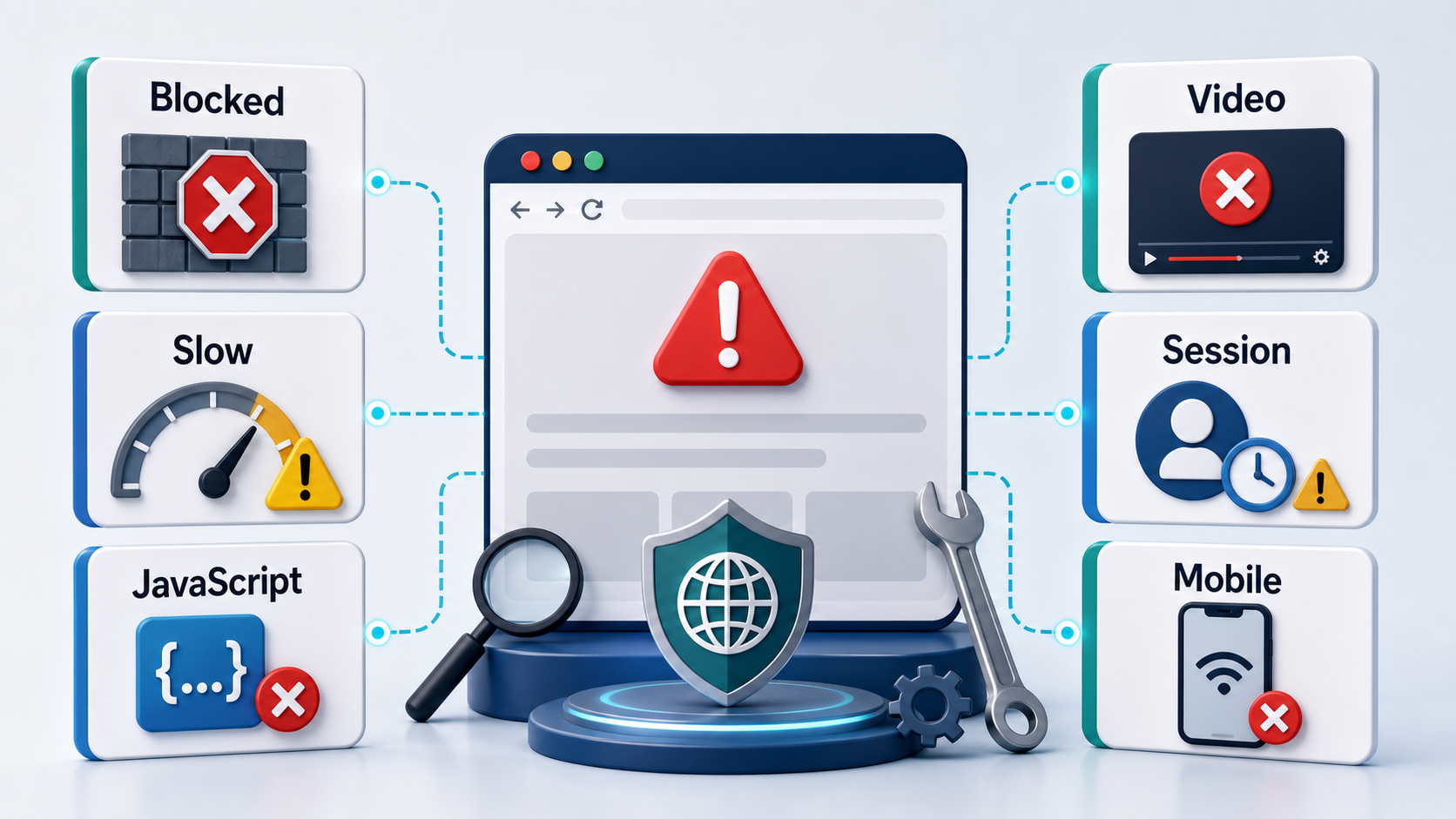 BlockAway troubleshooting dashboard for blocked pages slow speed video JavaScript session and mobile issues