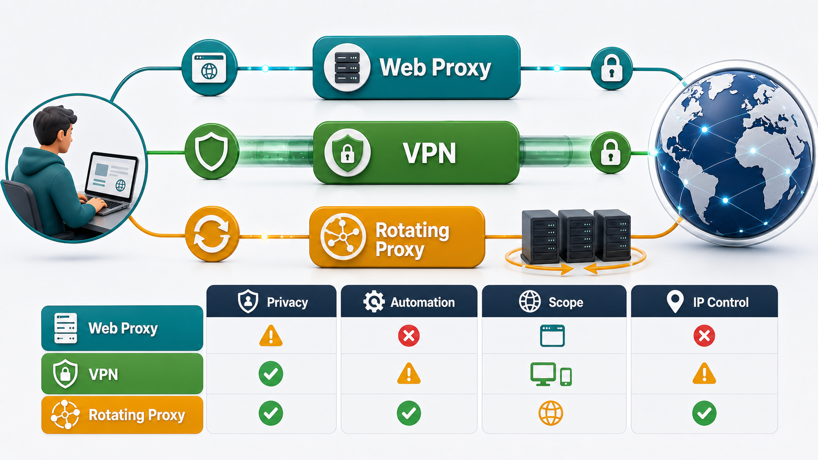 Three lane comparison of free web proxy VPN and rotating proxy paths