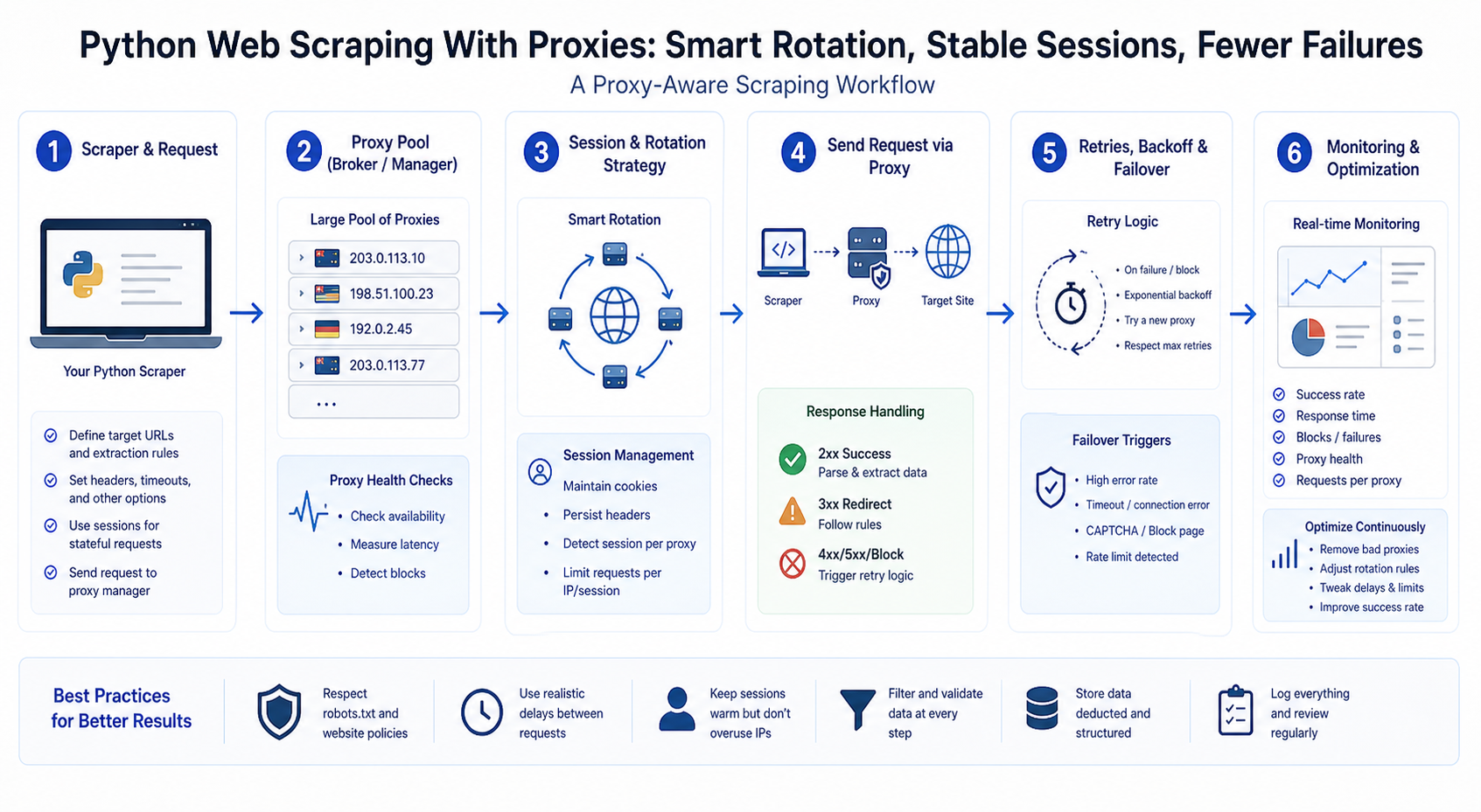 Python Web Scraping With Proxies: How to Rotate IPs, Manage Sessions, and Reduce Failed Requests workflow diagram