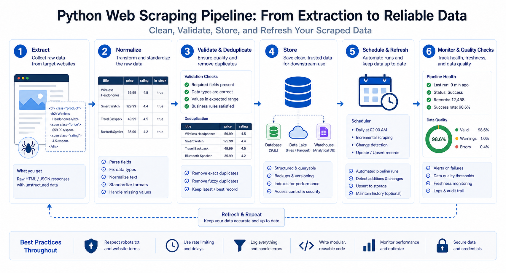 Python Web Scraping Pipeline: How to Clean, Validate, Store, and Refresh Scraped Data workflow diagram