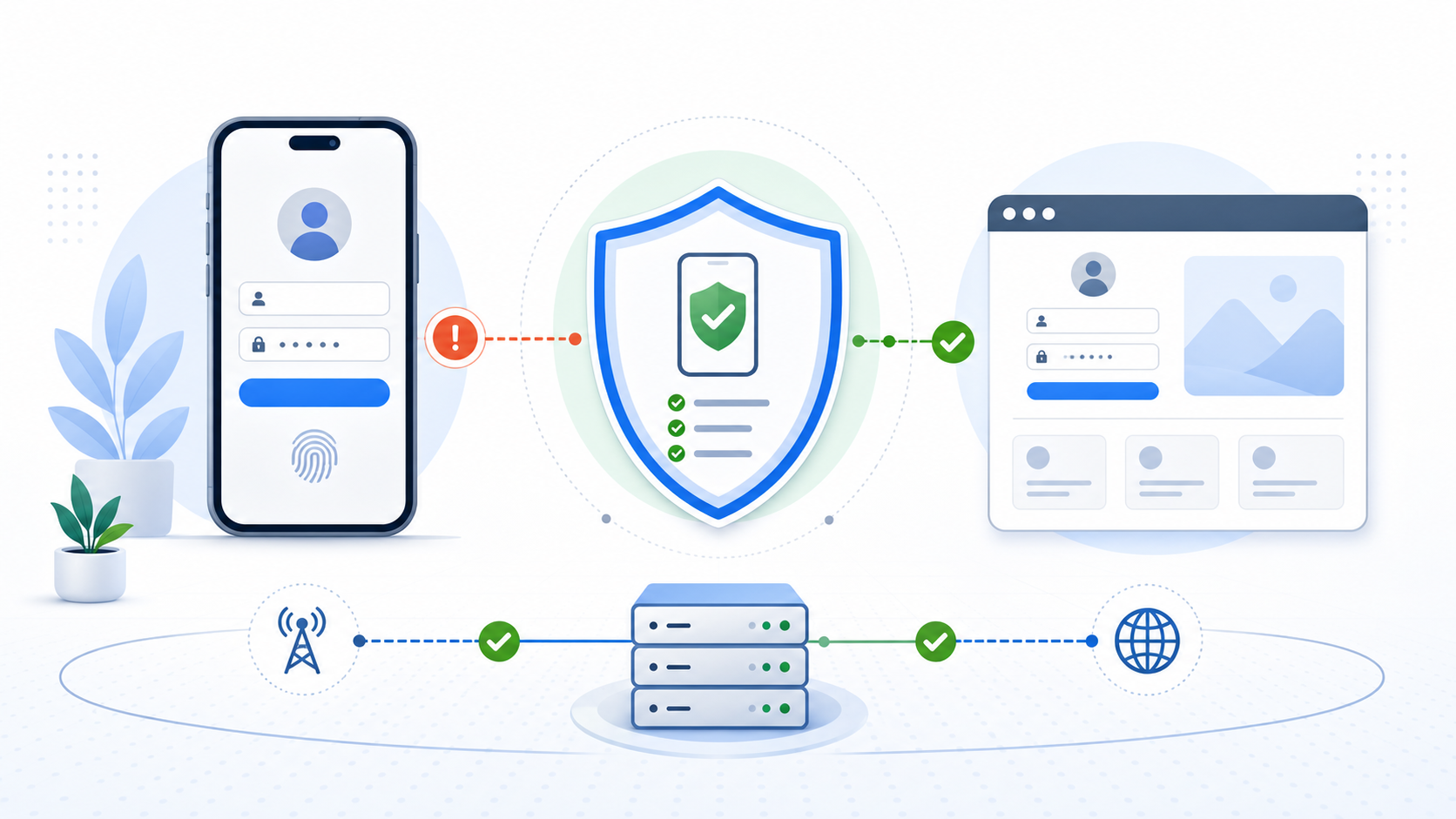 Technical diagram of a mobile app login integrity check and clean browser login path