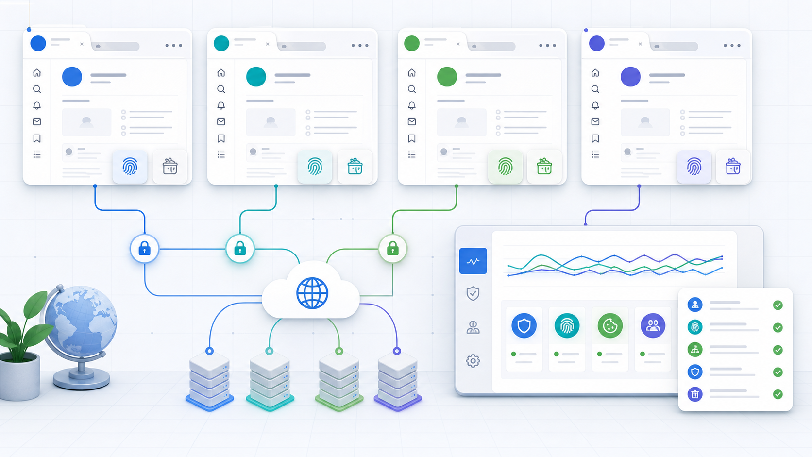 Diagram of separated browser profiles connected through stable network routes for team login workflows